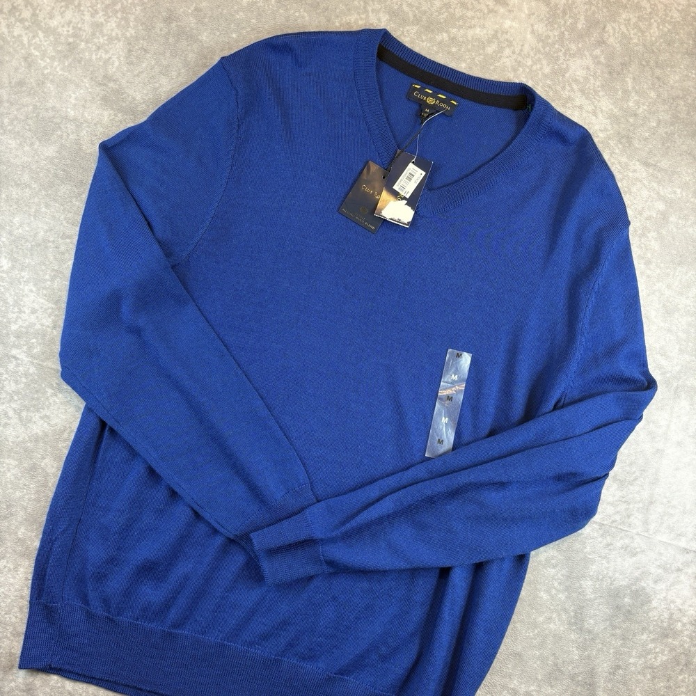 Club Room Sweater Mens M Marine Blue Merino Wool Blend V Neck Preppy NEW